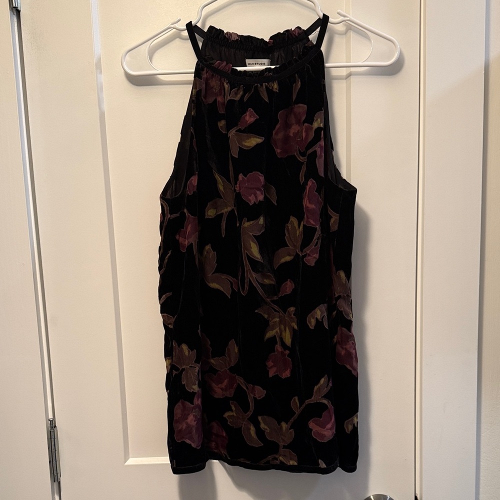 Max Studio Women's Velvet Black and Purple Floral Top size M